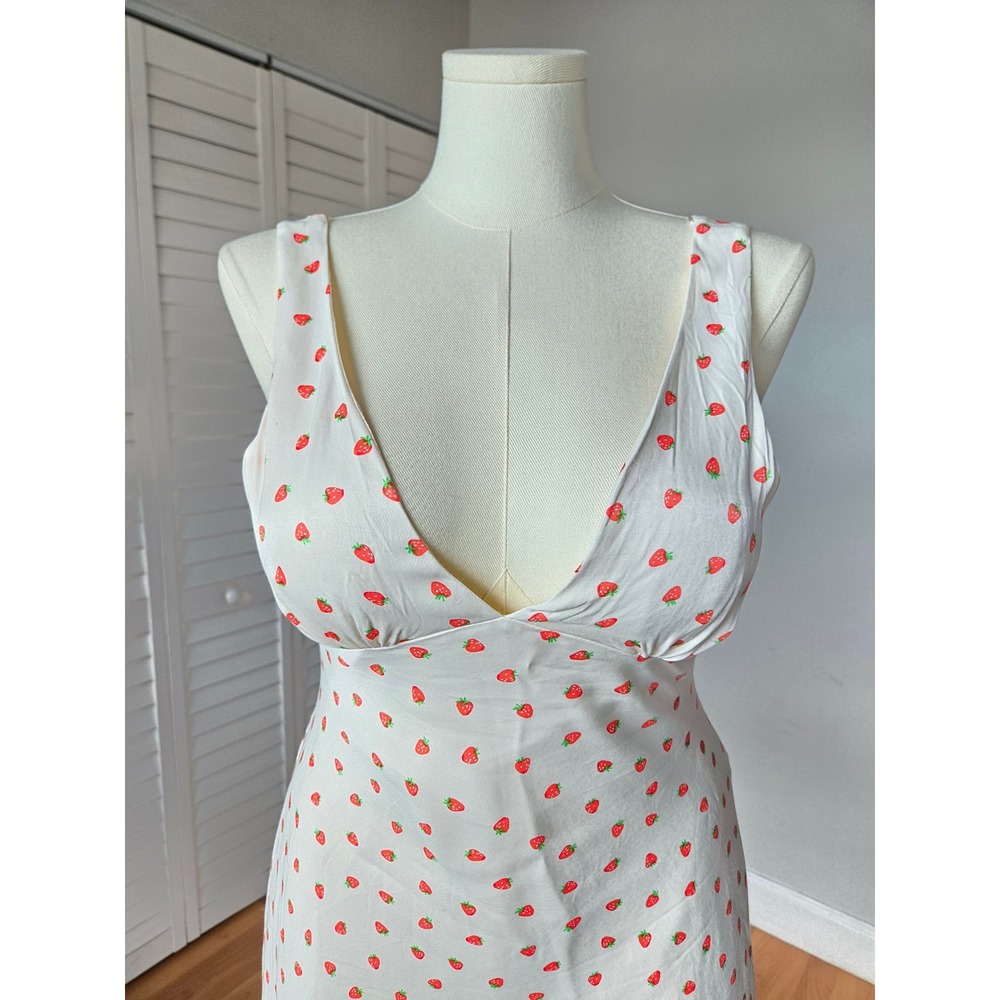 Zara Strawberry Print Bias Mini Dress Size L White Red Y2K Coquette Cottage Chic - Picture 3 of 9